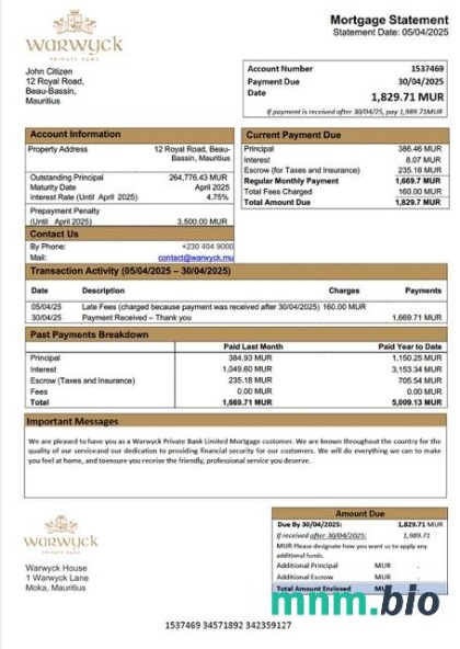 Mauritius Warwyck Private Bank Limited wyciąg z kredytu hipotecznego szablon Word i PDF